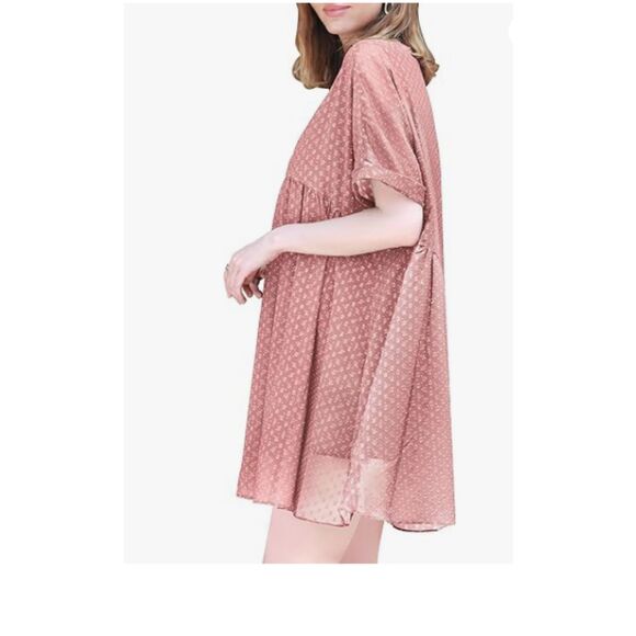 112 Women's Babydoll Flowy Swiss Dot Chiffon Mini V-Neck Flutter Sleeve Sundress - Picture 2 of 4